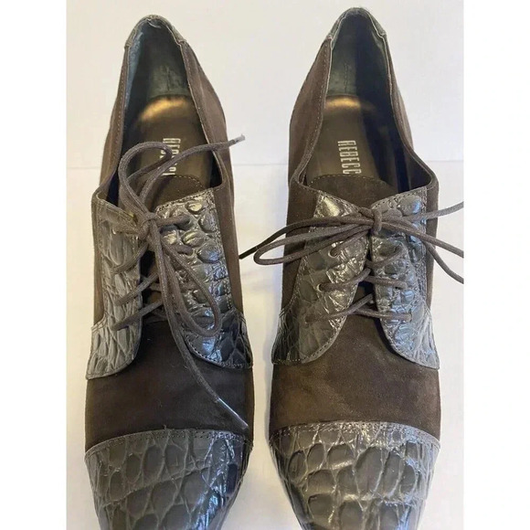 Leather Suede Crock Embossed Heeled Lace up Shoe Pointed Closed Toe Heels - Picture 4 of 11